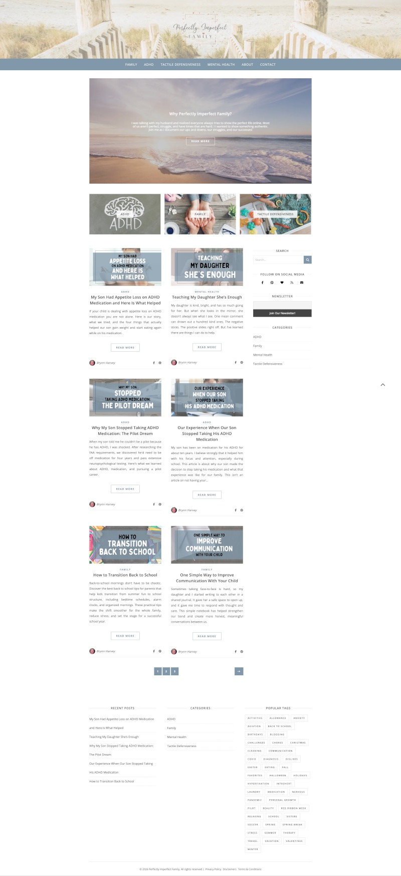 A screenshot showing the structure and layout of the Perfectly Imperfect Family website.
